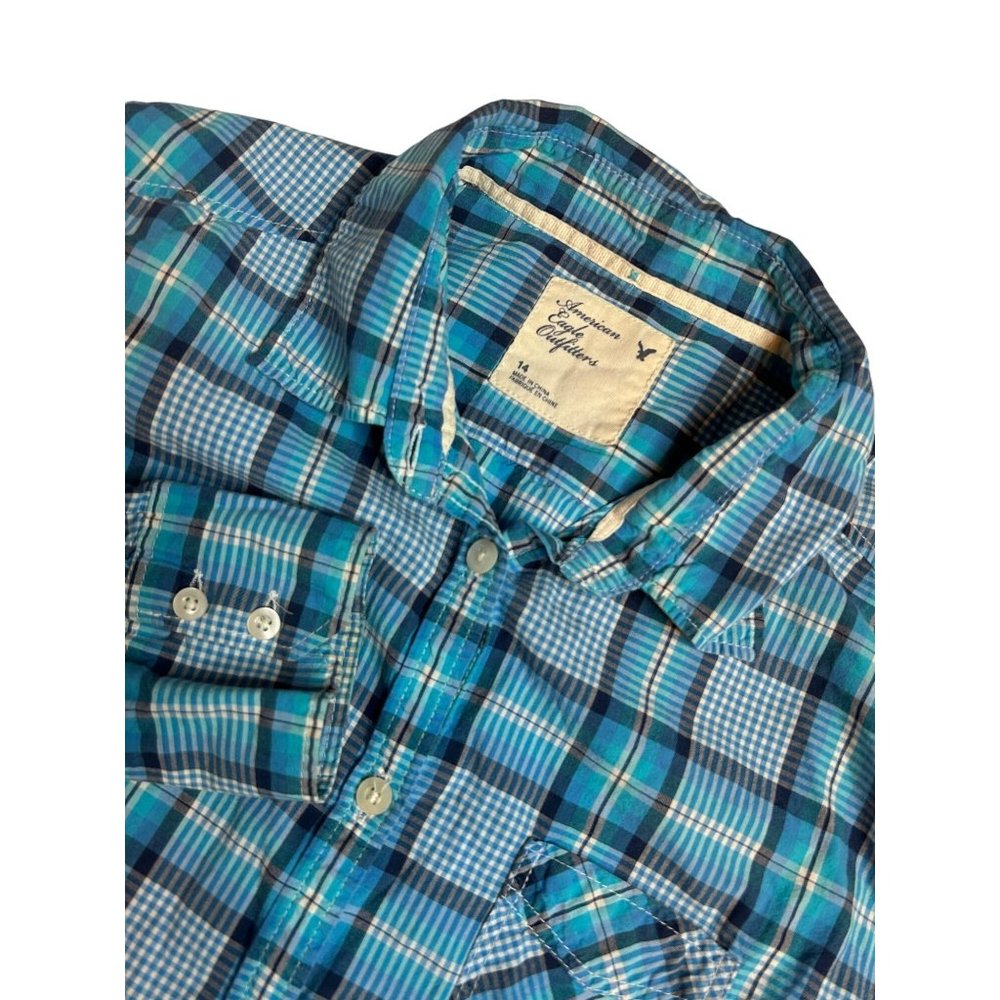 American Eagle Womens Long Sleeve Blue Plaid Button Up Shirt Size 14